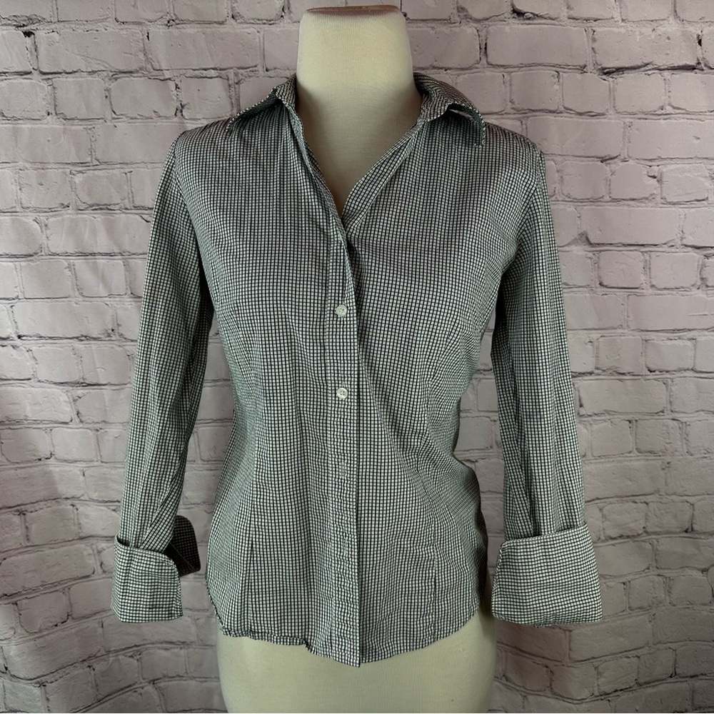 LOFT Black White check plaid cotton Button Down Shirt womens S layering office